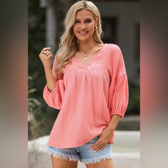 Sunset Coral Quarter Sleeve V Neck Cotton Blouse - Picture 2 of 5
